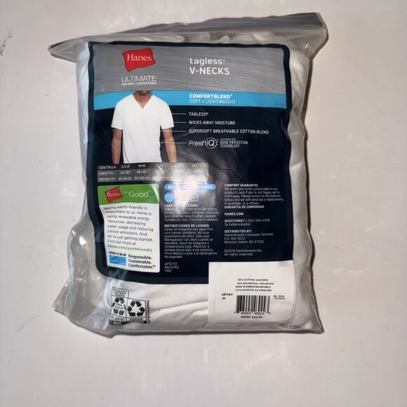 Hanes 5 Tagless Big Man V-necks, White, Size 2X (50-52") - Picture 3 of 3